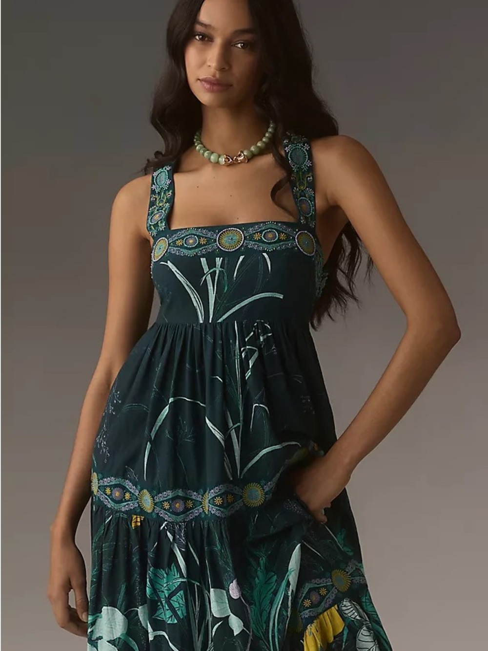 Anthropologie Teal Green Floral Tiered Maxi Dress - Picture 2 of 7